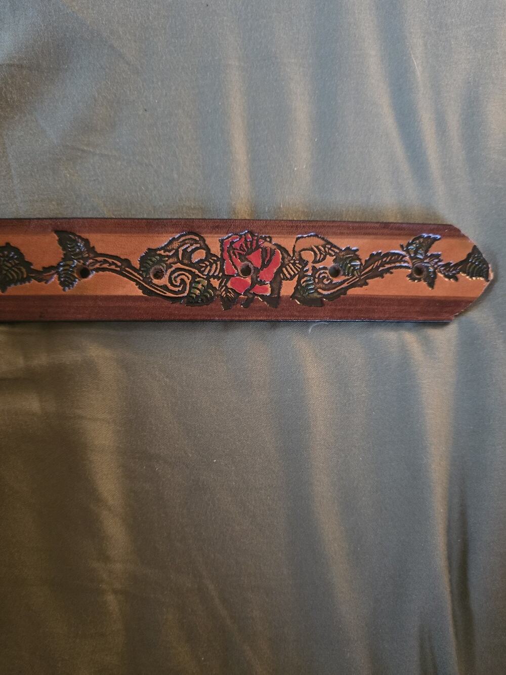 ROSE Beautiful Roses Genuine Brown Leather Belt add your own buckle floral VTG